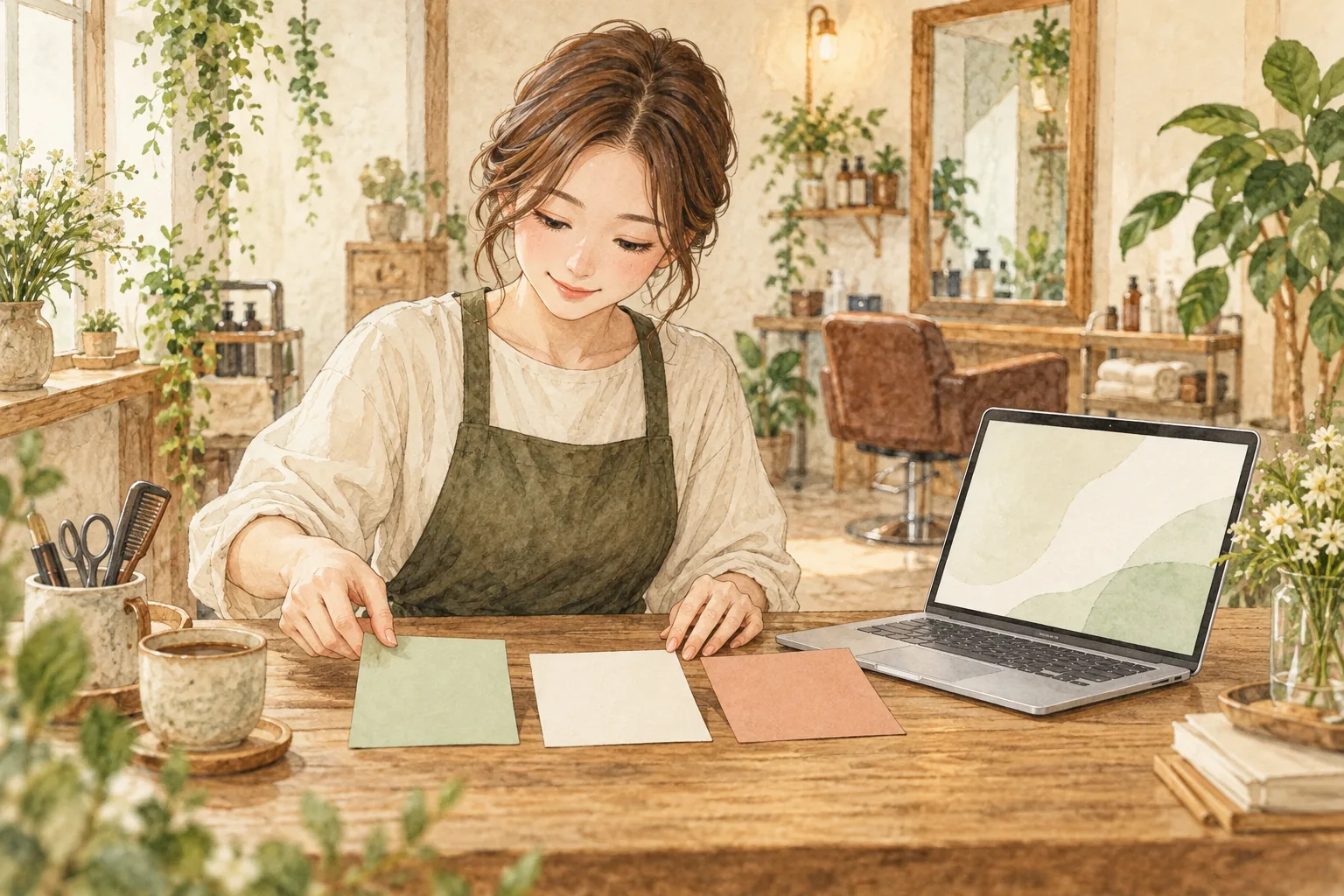 三本分の記事企画カードを並べるサロン経営者の説明用イラスト