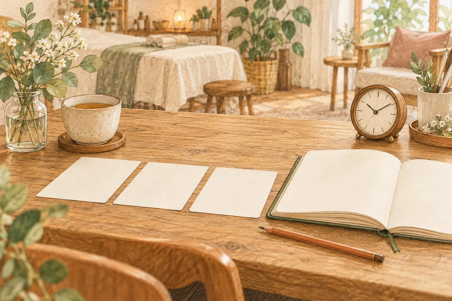 三本の企画カードと一本の原稿を分けて準備する説明用イラスト