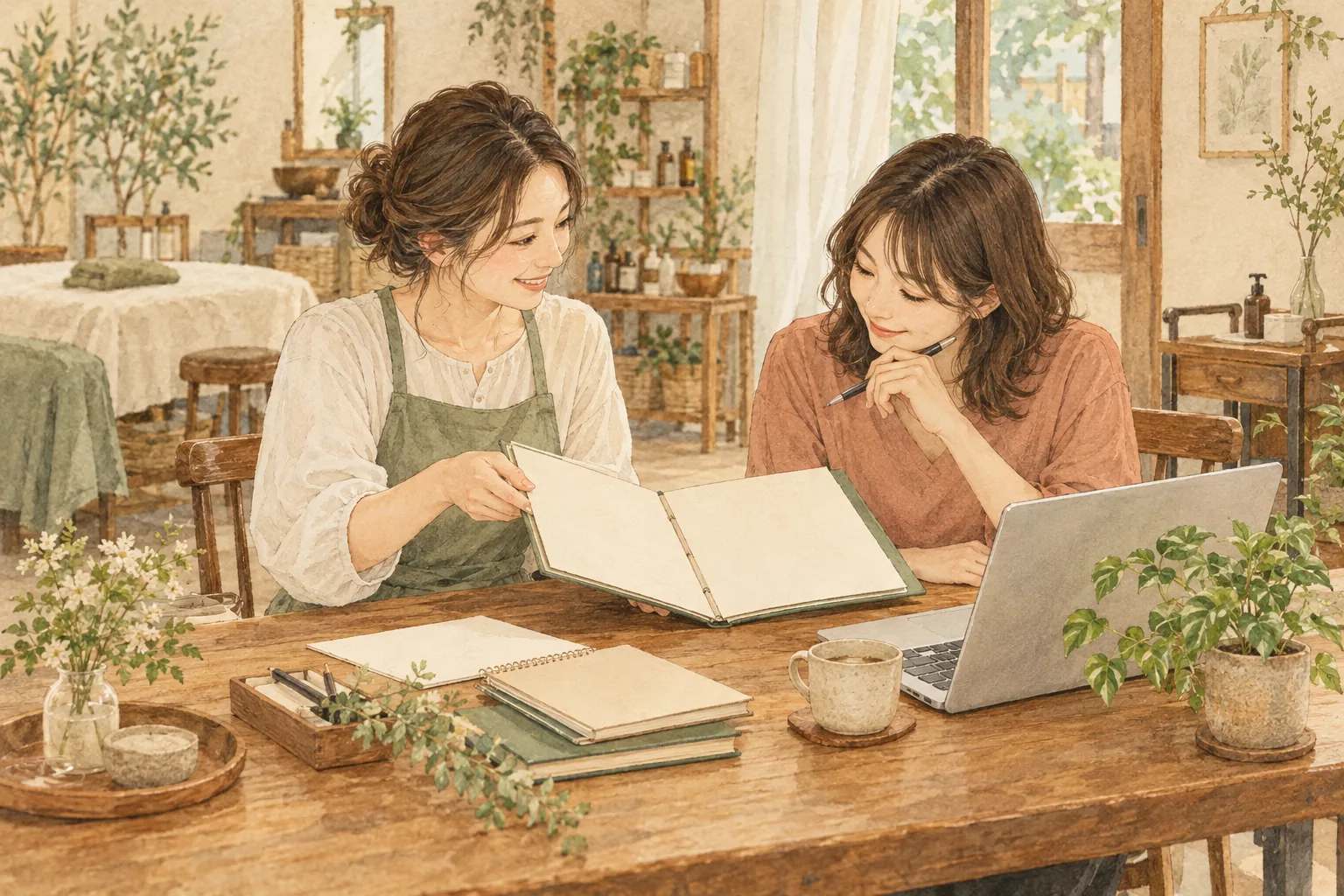 サロン経営者と執筆担当者が材料を共有する説明用イラスト