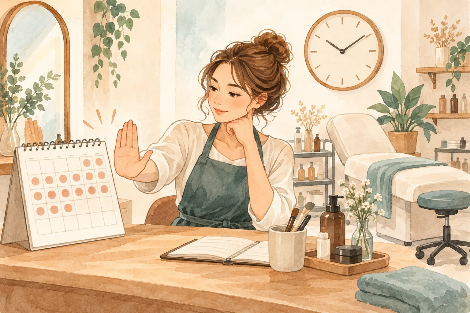 予約枠を無理に広げず時計と設備を確認する説明イラスト