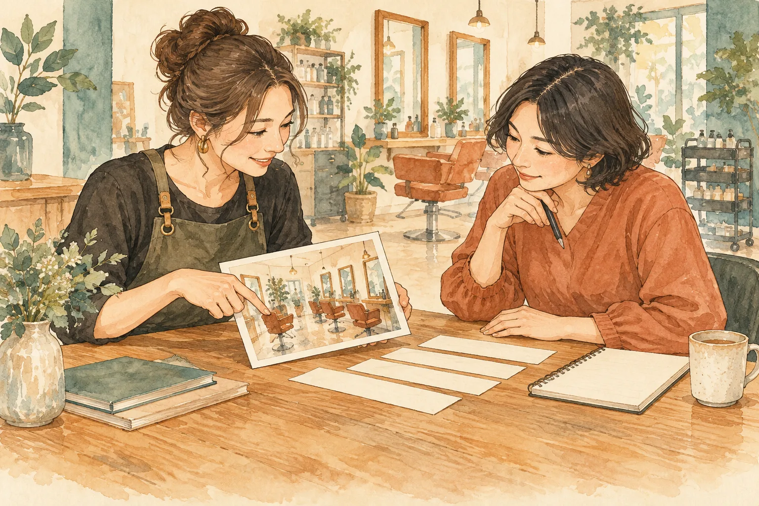 サロン経営者と原稿担当者が、写真カードと短い文章の原稿を一緒に照合する説明図