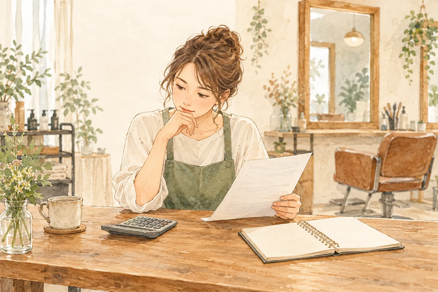 請求書・電卓・予約ノートを照合するサロン経営者の説明用イラスト