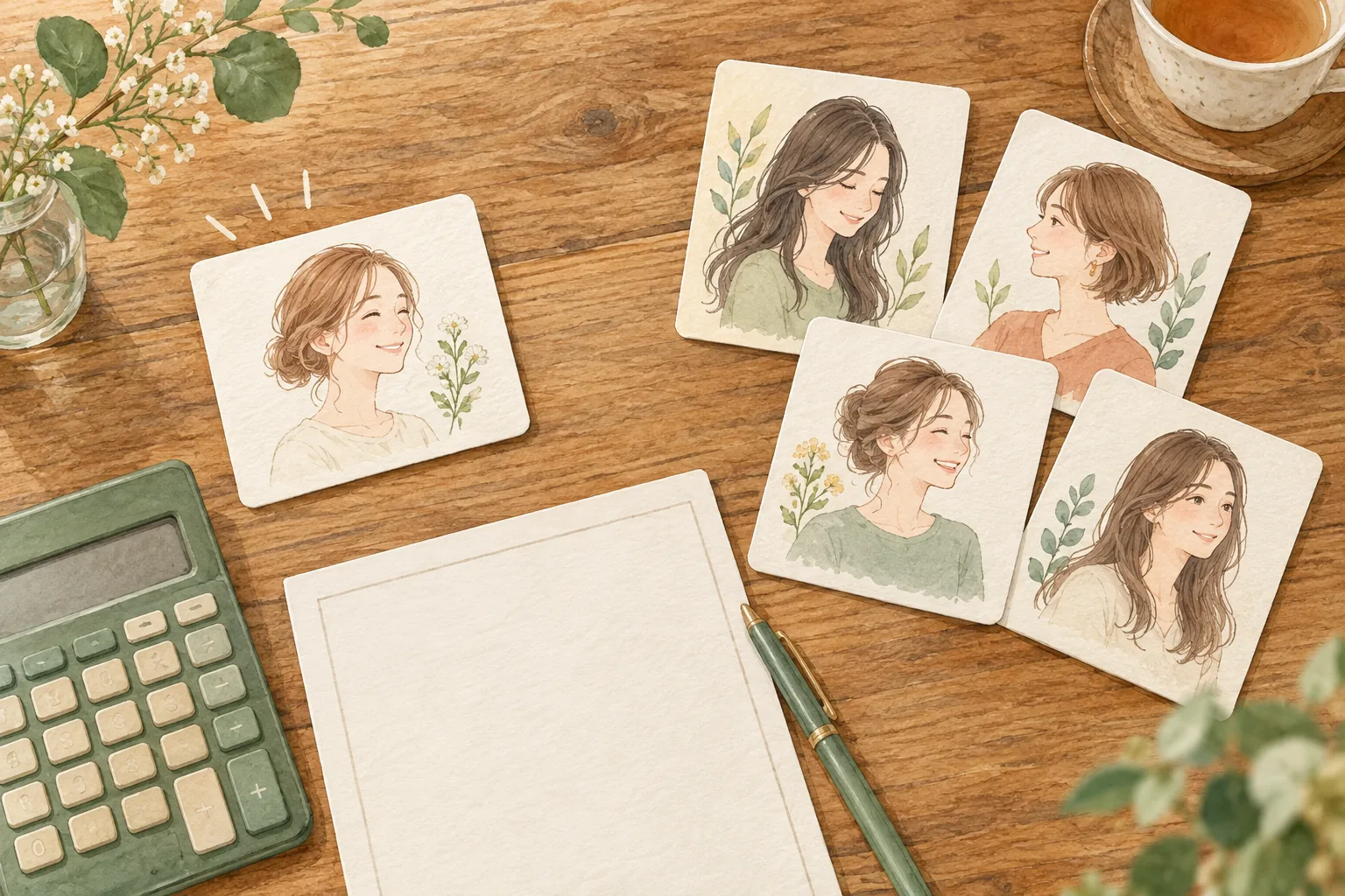 電卓と来店回数のカードで式を確かめる説明用イラスト