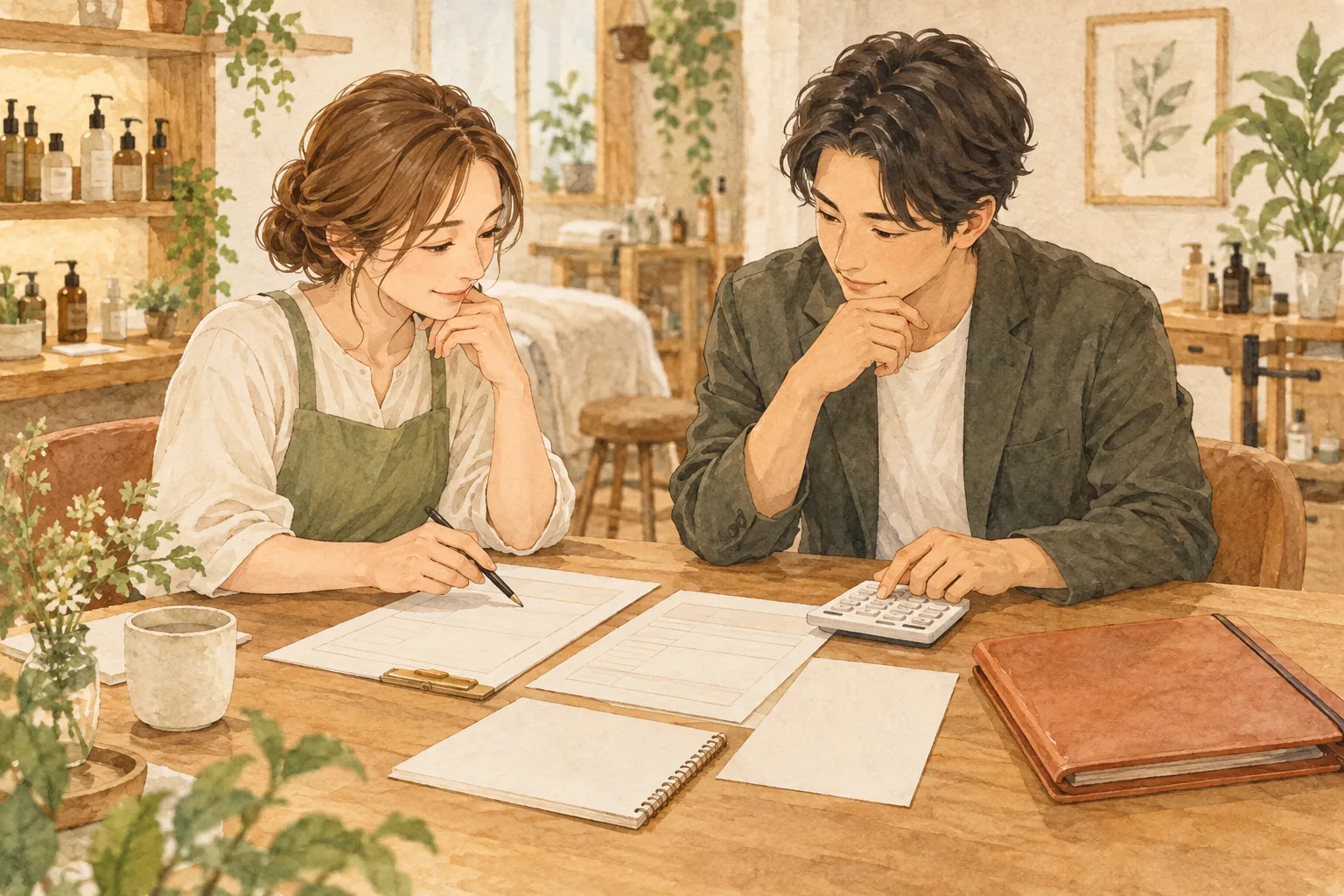 集計担当者と費用・来店履歴の整理方法を相談する説明用イラスト