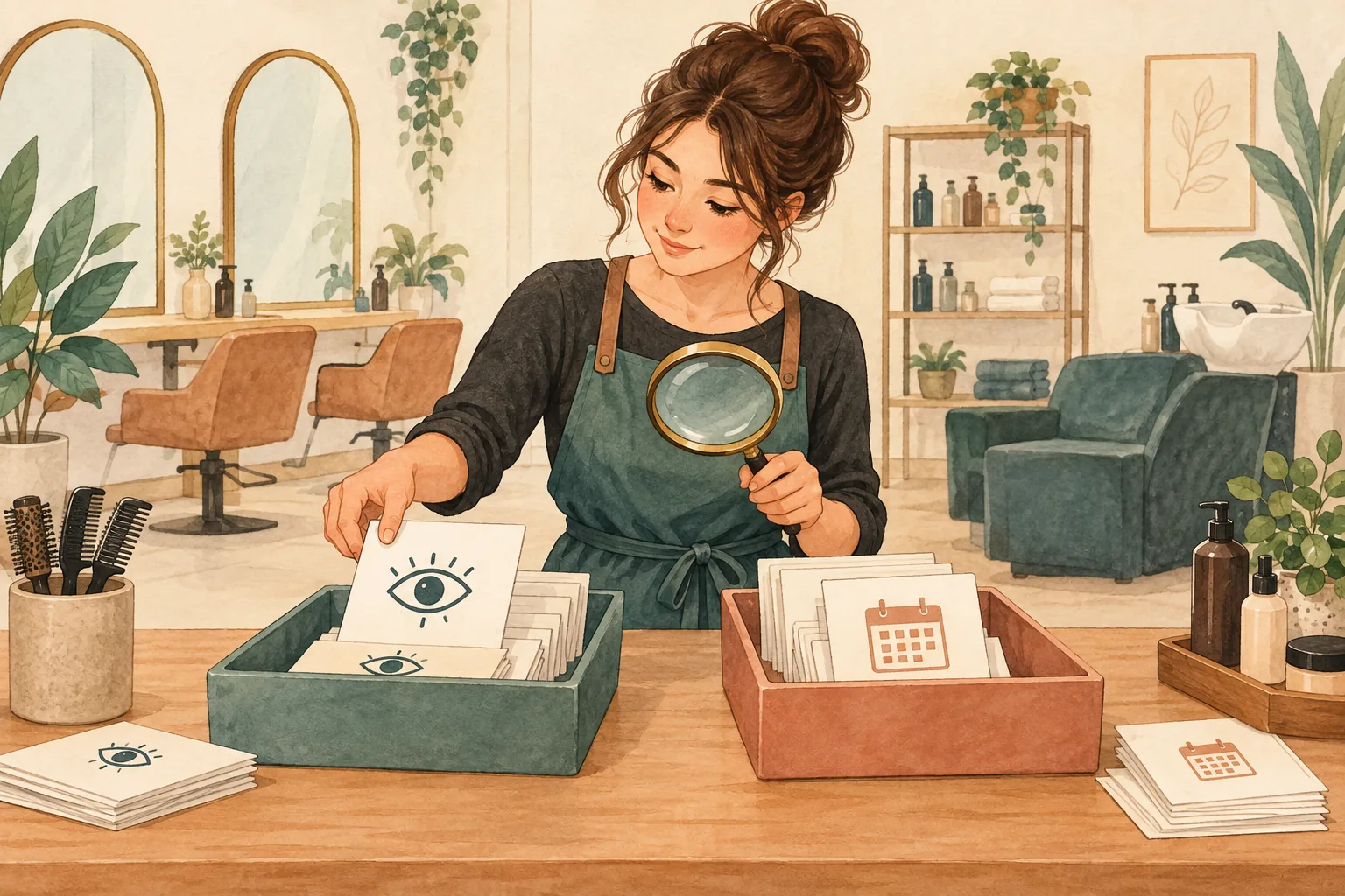 閲覧を表すカードと予約条件を表すカレンダーを分けて点検する説明イラスト