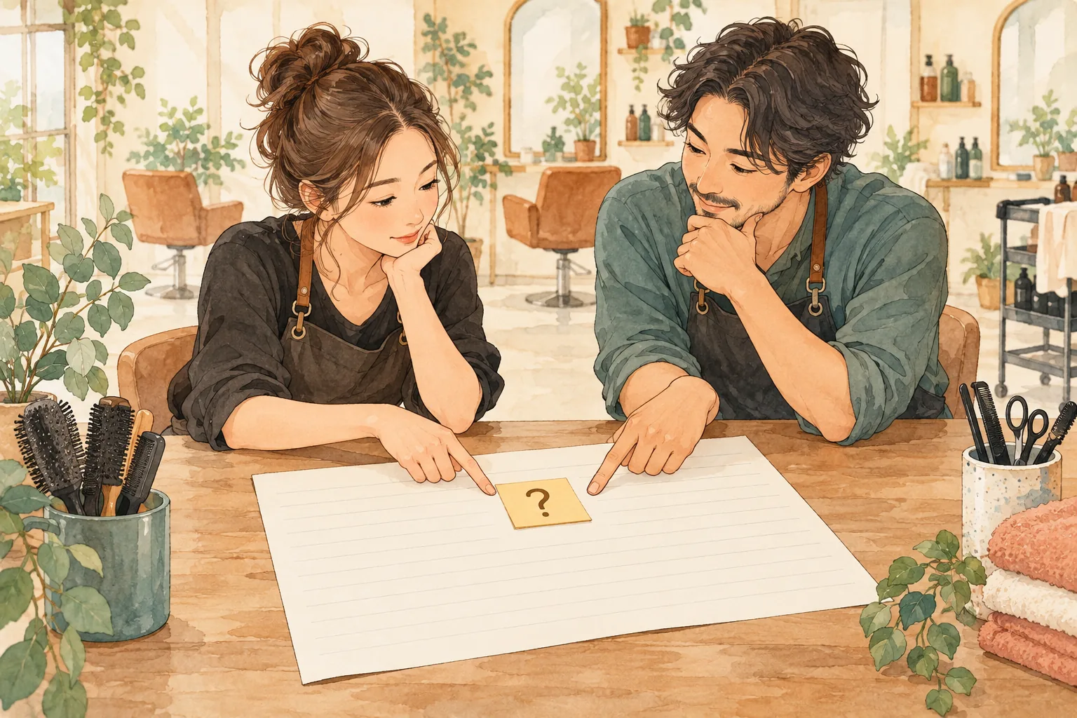 経営者と相談相手が同じ集計表の定義を指差して確かめる説明イラスト