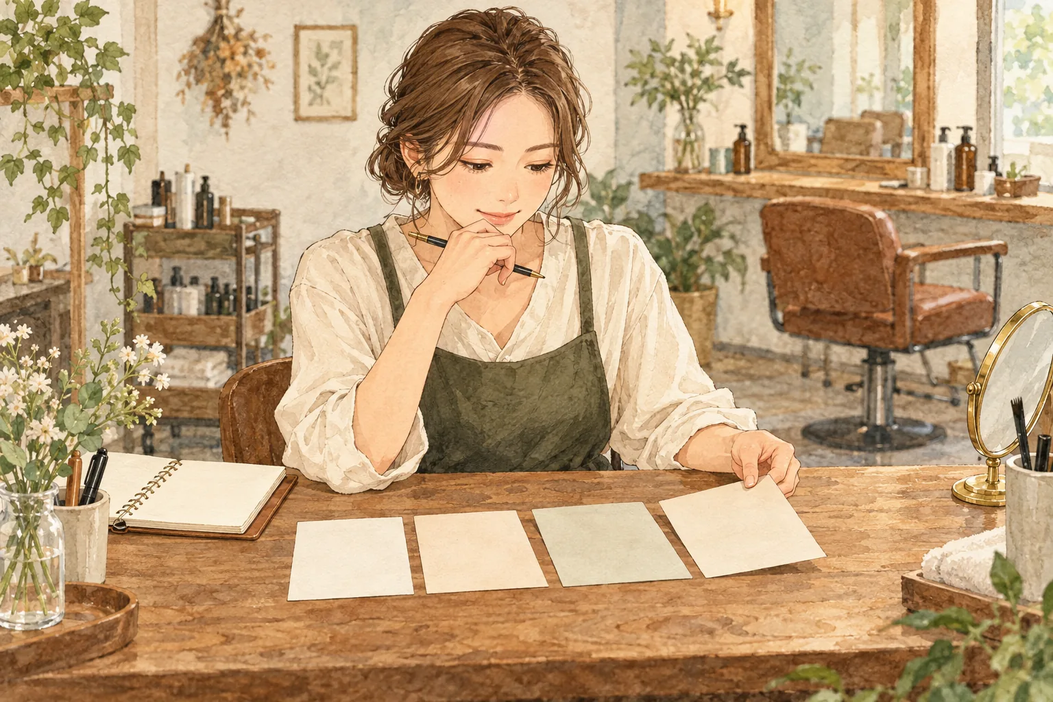 予約減少の内訳をノートで整理する経営者の説明用イラスト
