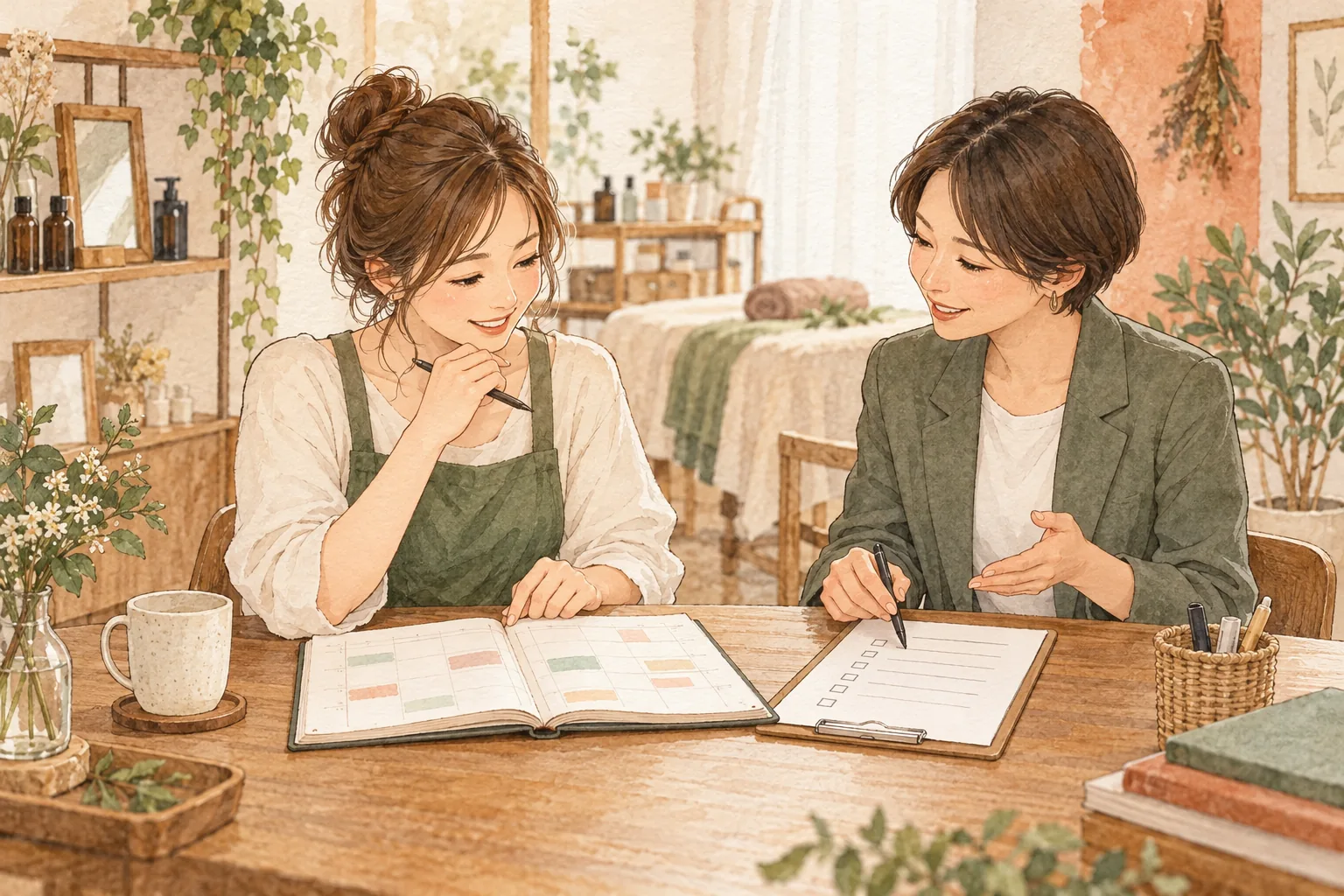 予約設定と記録整理の作業範囲を相談する説明用イラスト