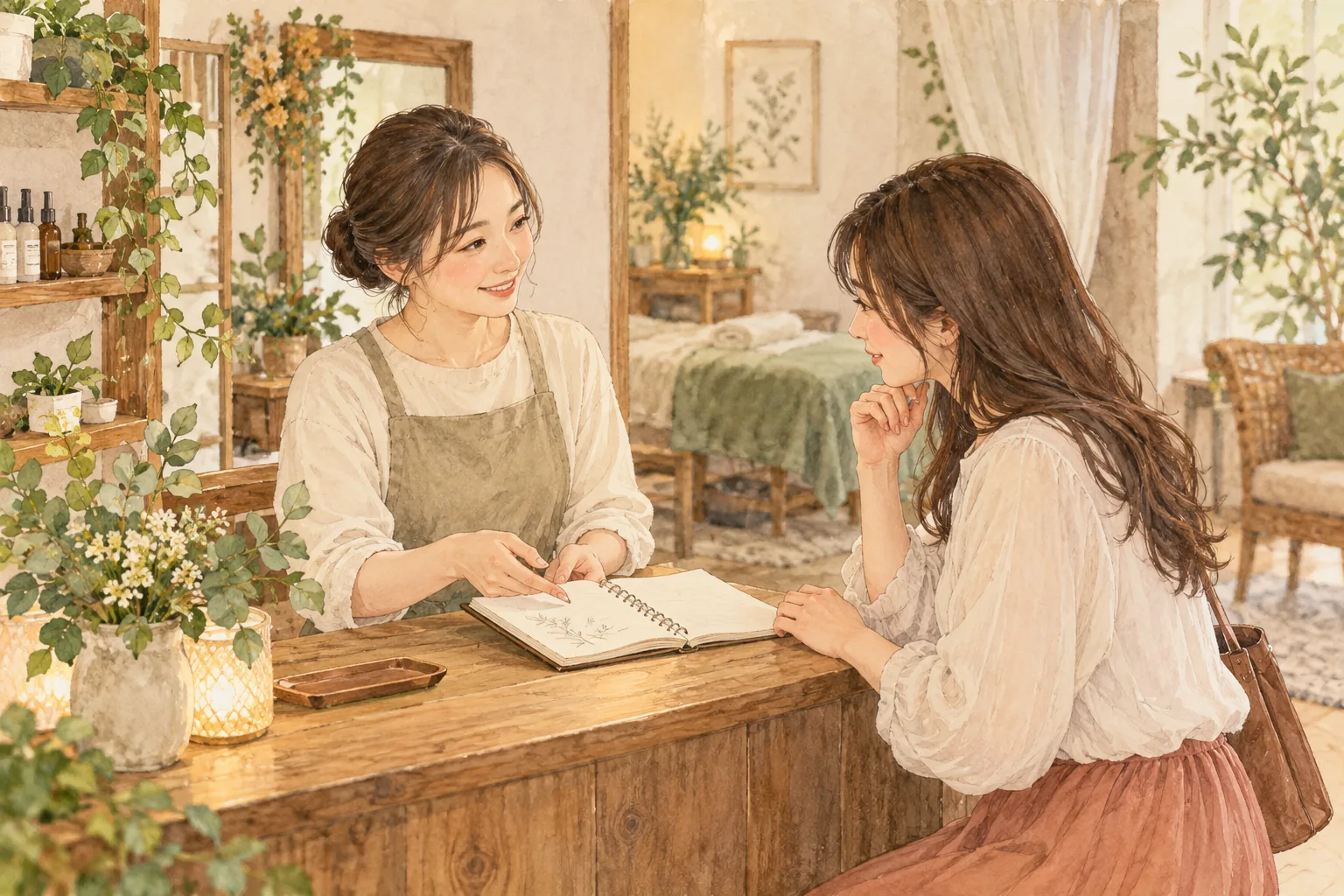 初めての来店についてノートを見ながら相談する人たちの説明用イラスト