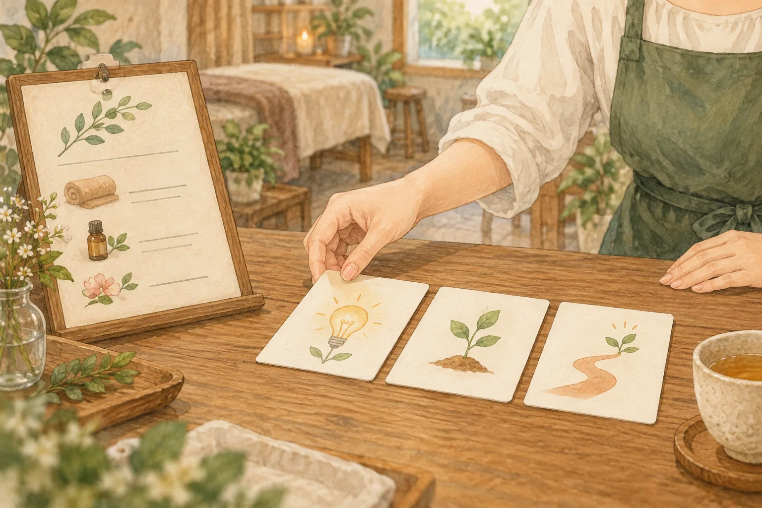 回答・条件・次の行動を三枚のカードで整理する説明用イラスト