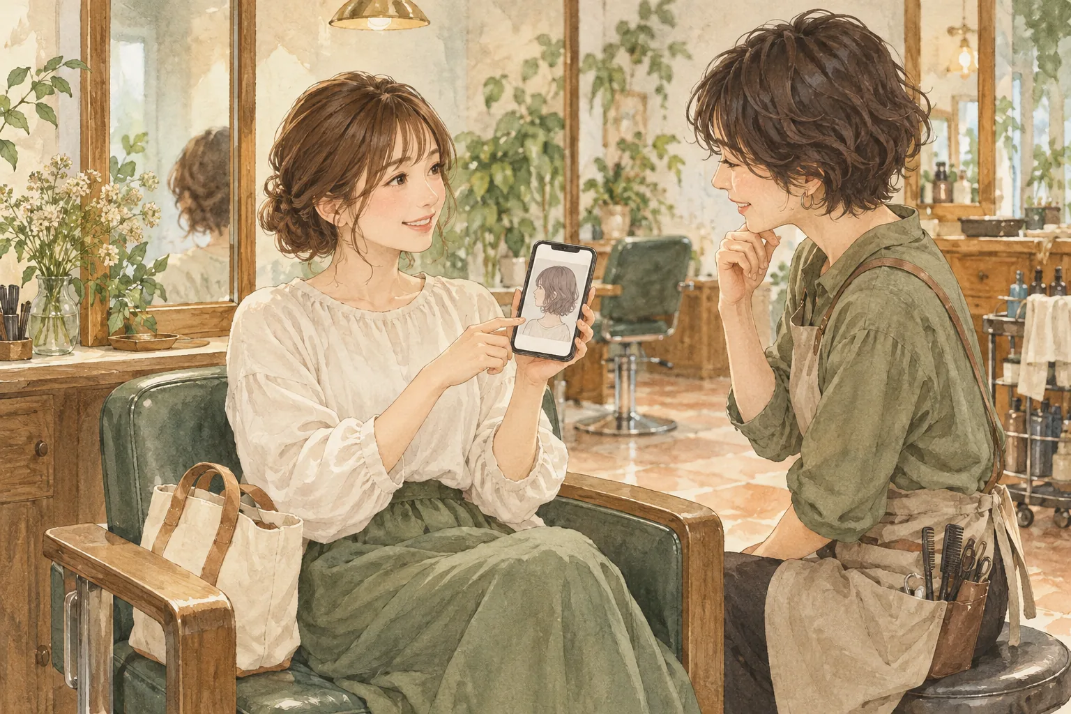 参考の髪型画像を見せて相談する来店客の説明用イラスト