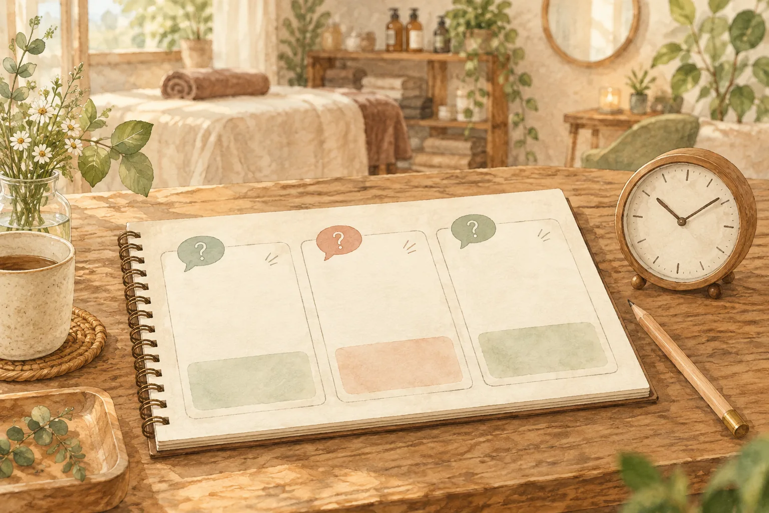 三つの質問と回答をノートに整理する説明用イラスト