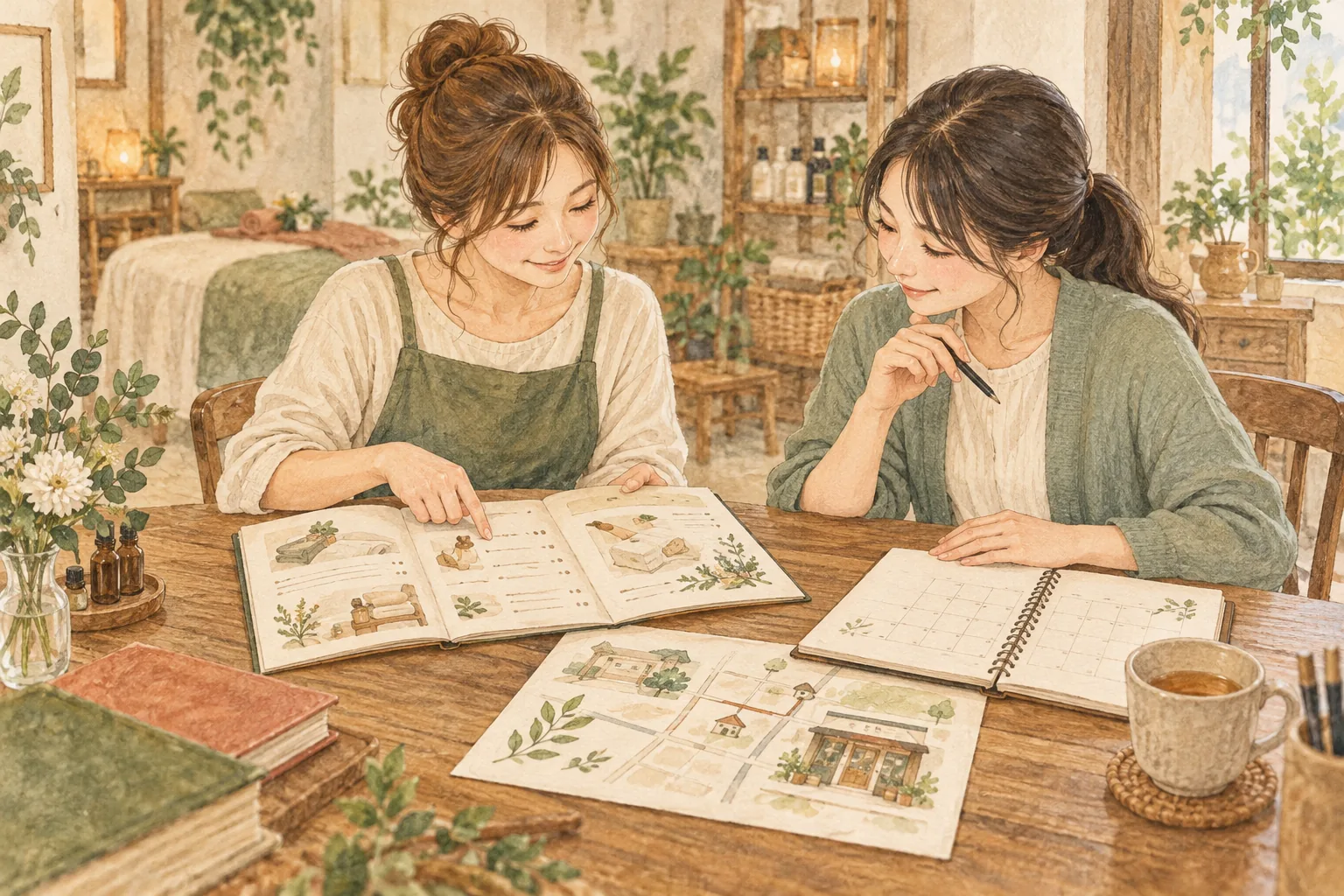 メニュー・地図・予約案内を二人で照合する説明用イラスト