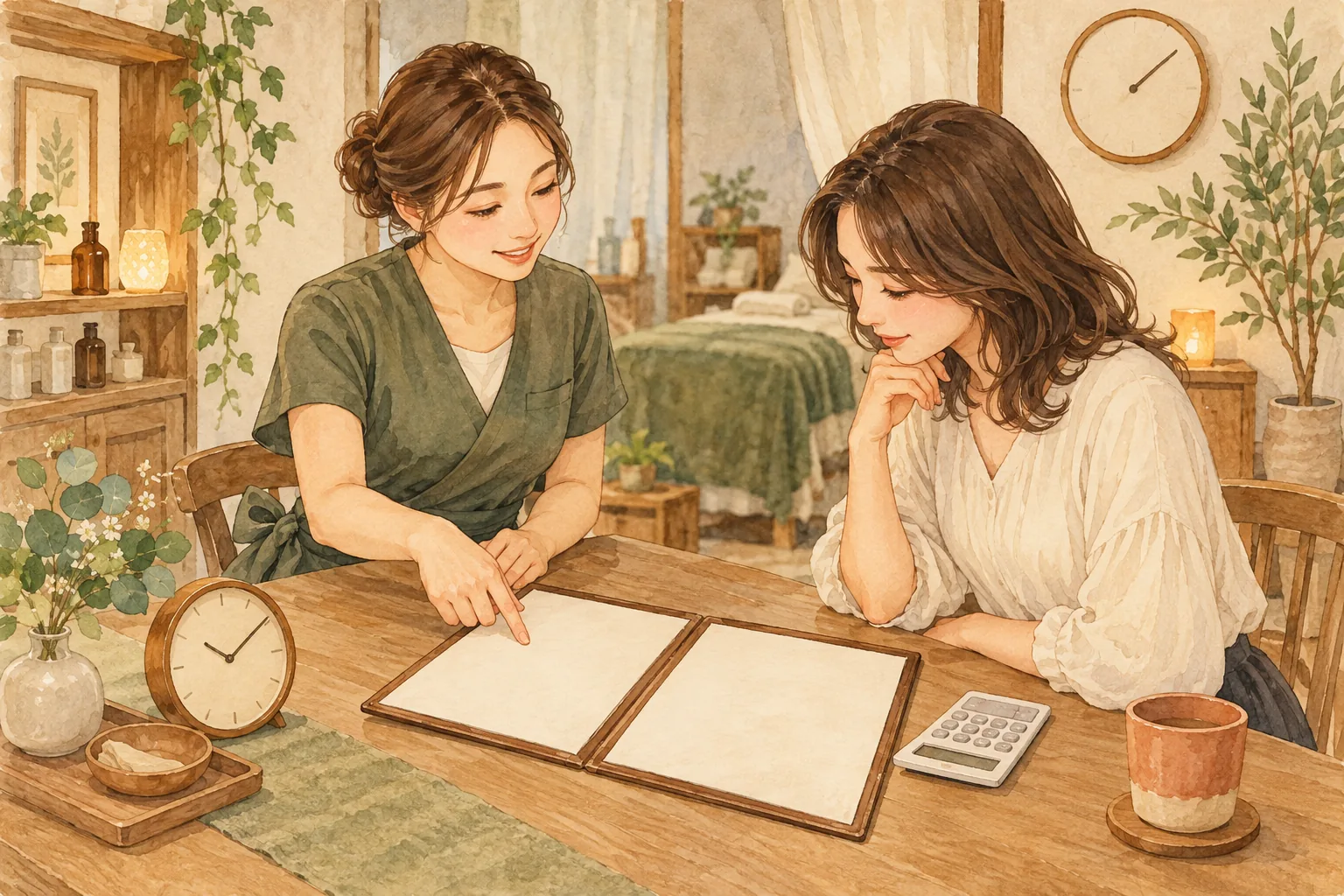施術前に内容と予算と退店時刻を確認する説明用イラスト