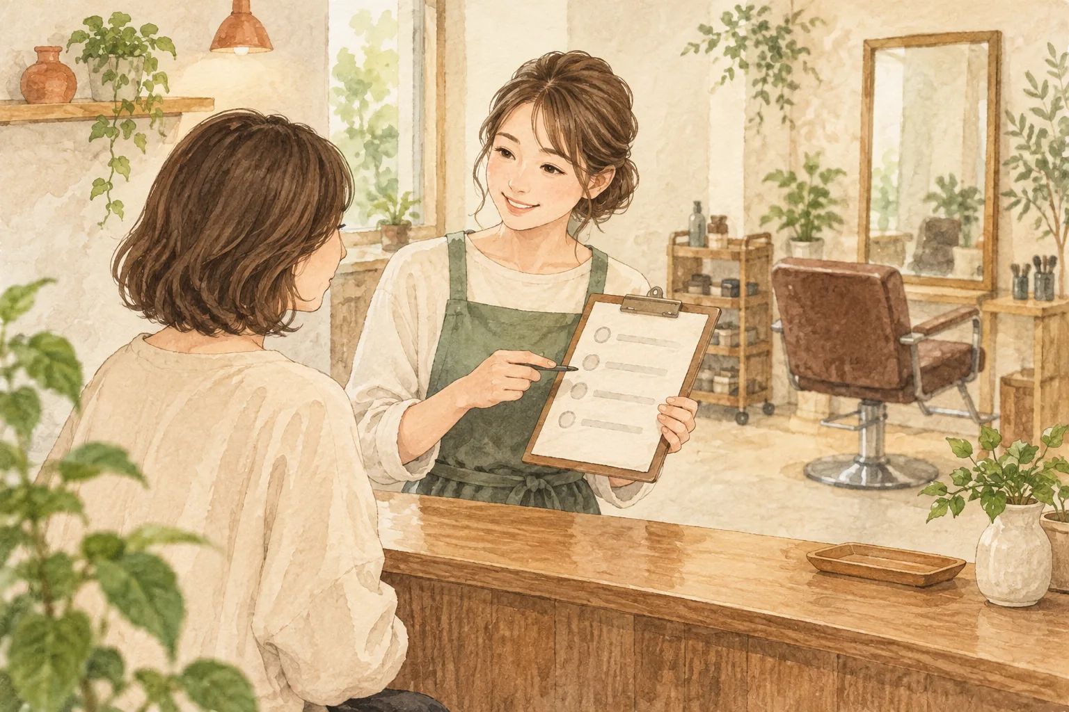 施術前と終了時に短い確認メモを使う説明用イラスト