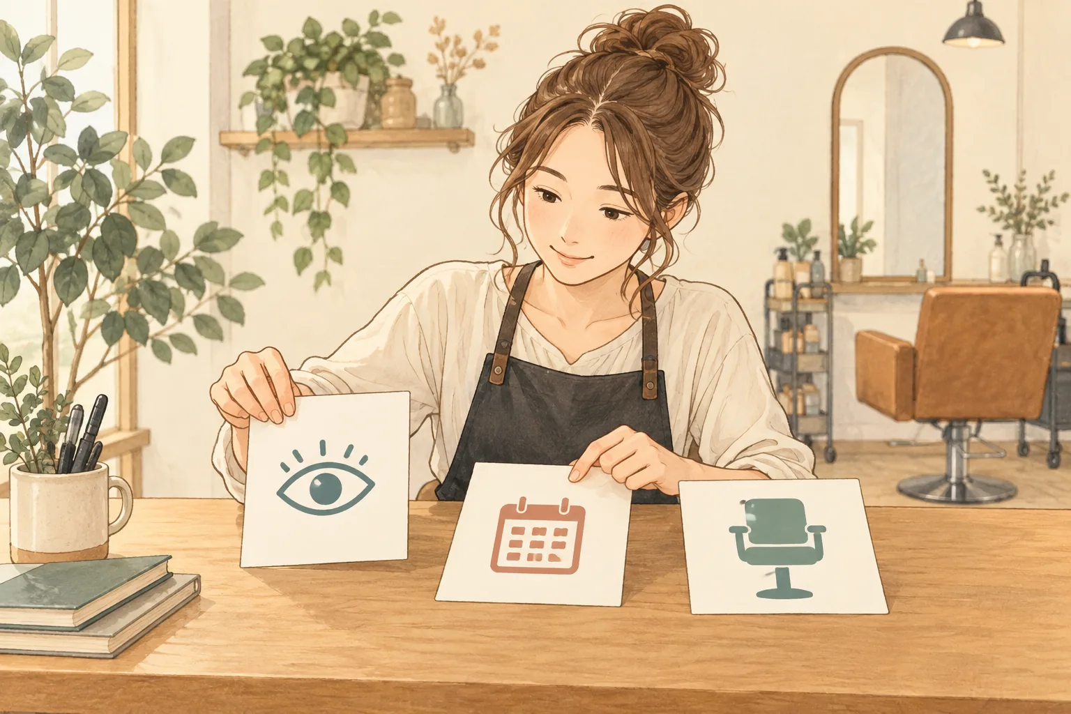閲覧、予約、実来店を表す3枚のカードを分けるサロン経営者の説明イラスト