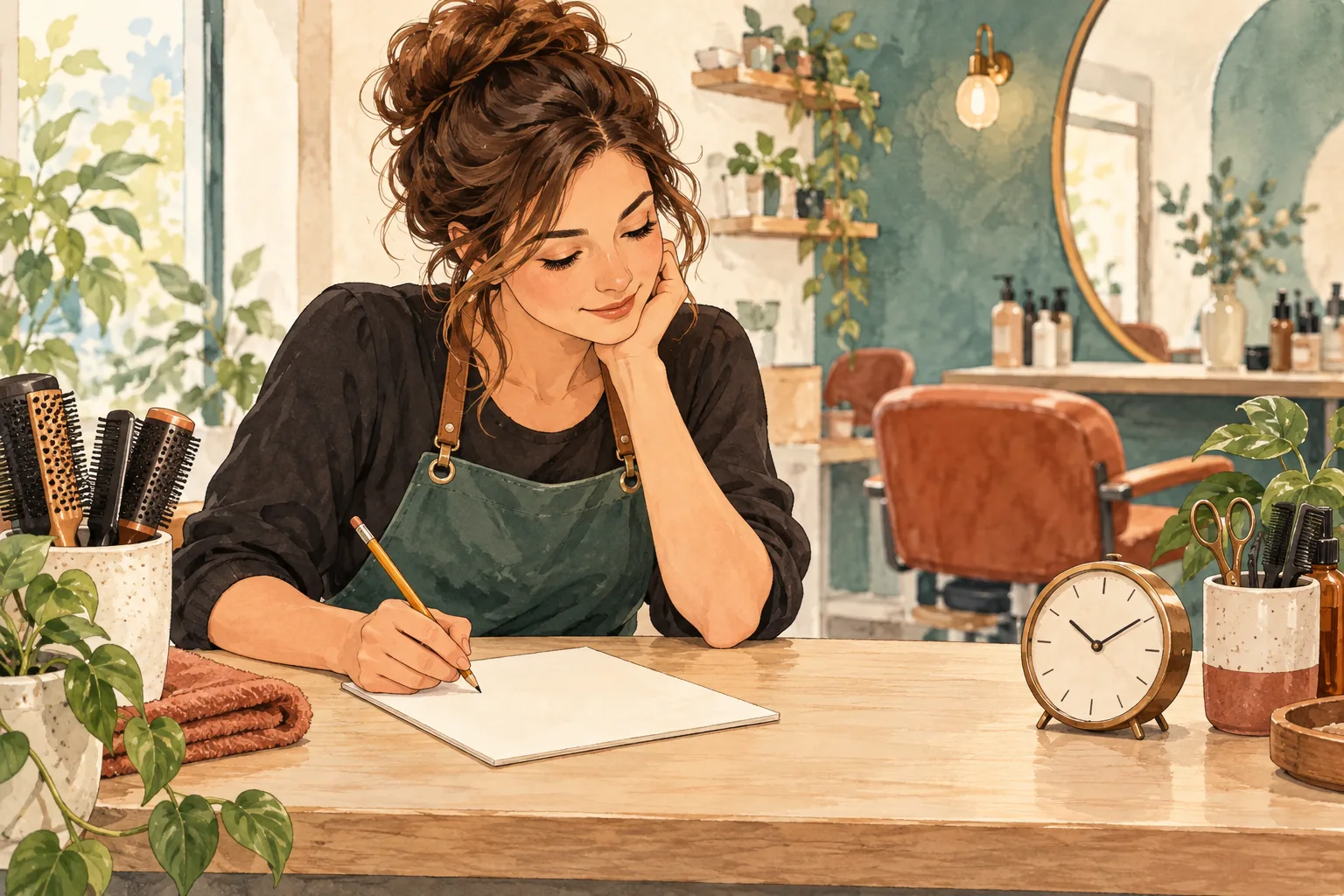 時計と小さな記録表を置き一項目ずつ作業する説明イラスト