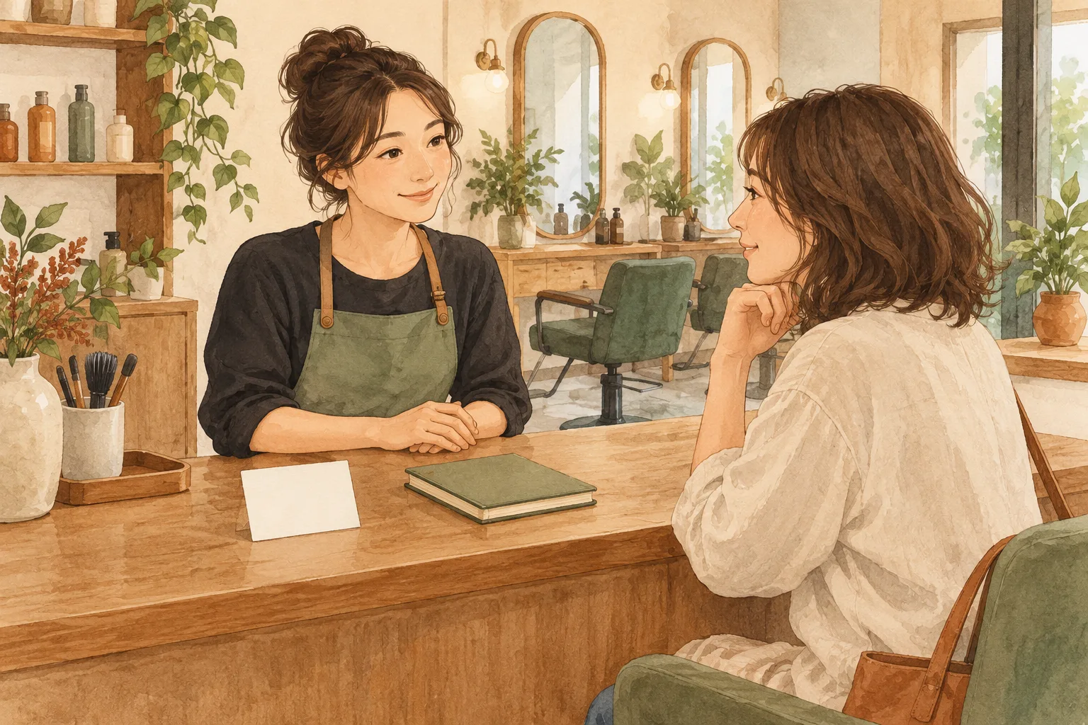 今決めるか後で決めるかを相談できる場面の説明用イラスト