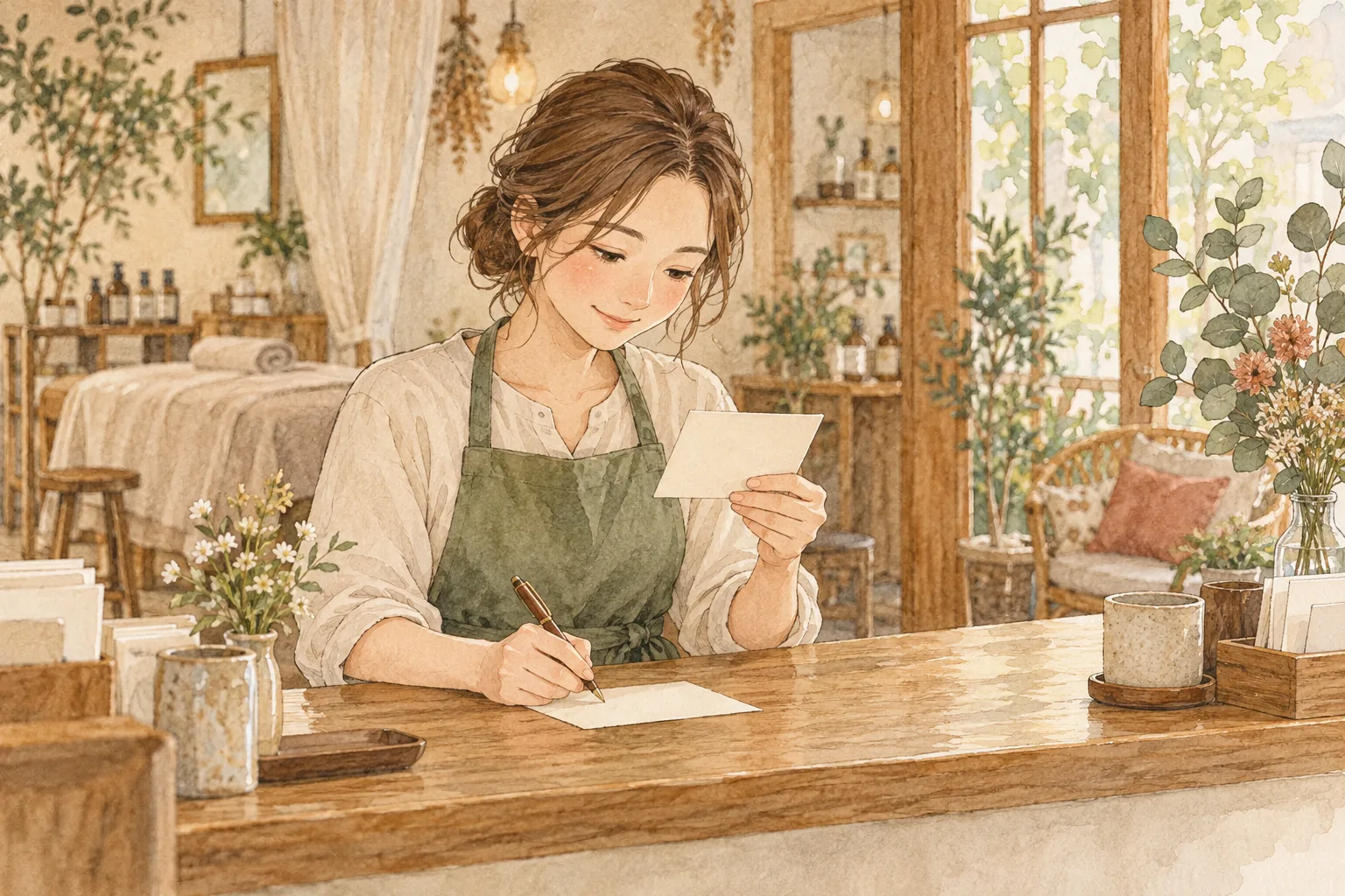 投稿カードを読み返信を考えるサロン経営者の説明用イラスト