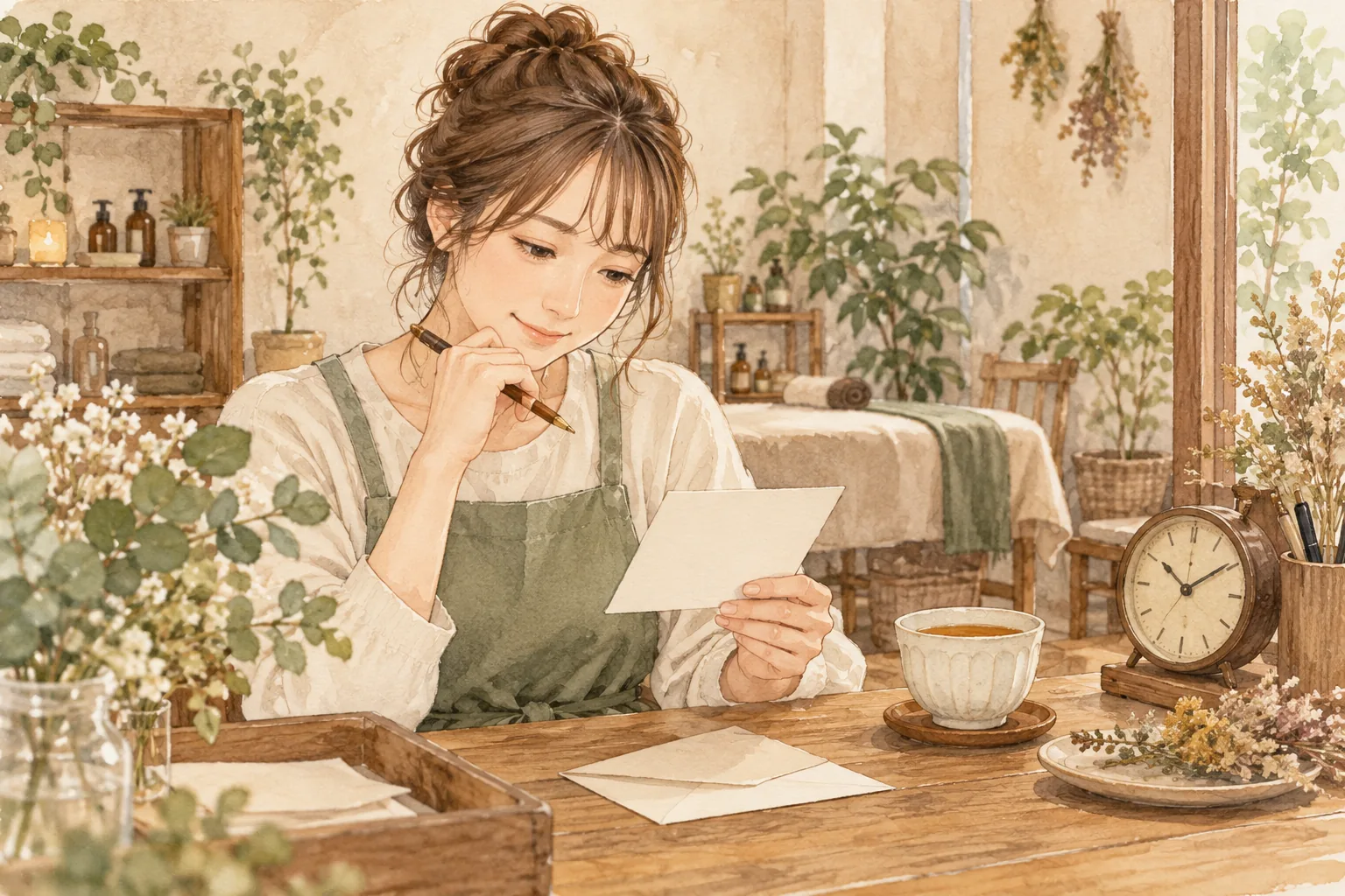 時計を横に短い返信を読み返す説明用イラスト