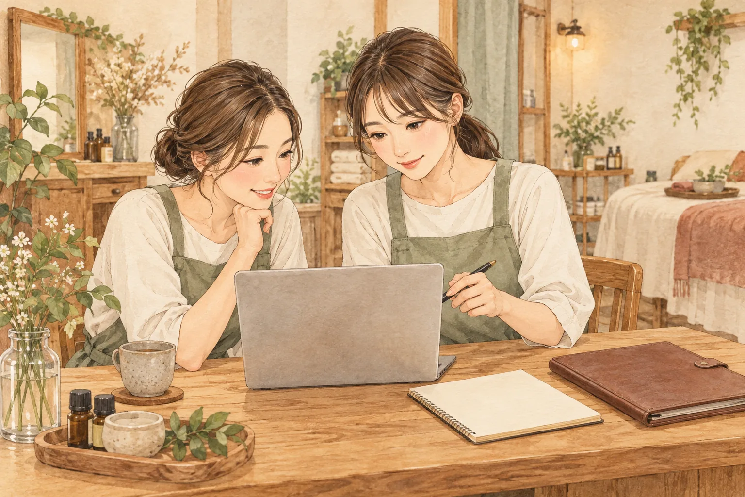 二人で返信案を確認し顧客記録を閉じておく説明用イラスト