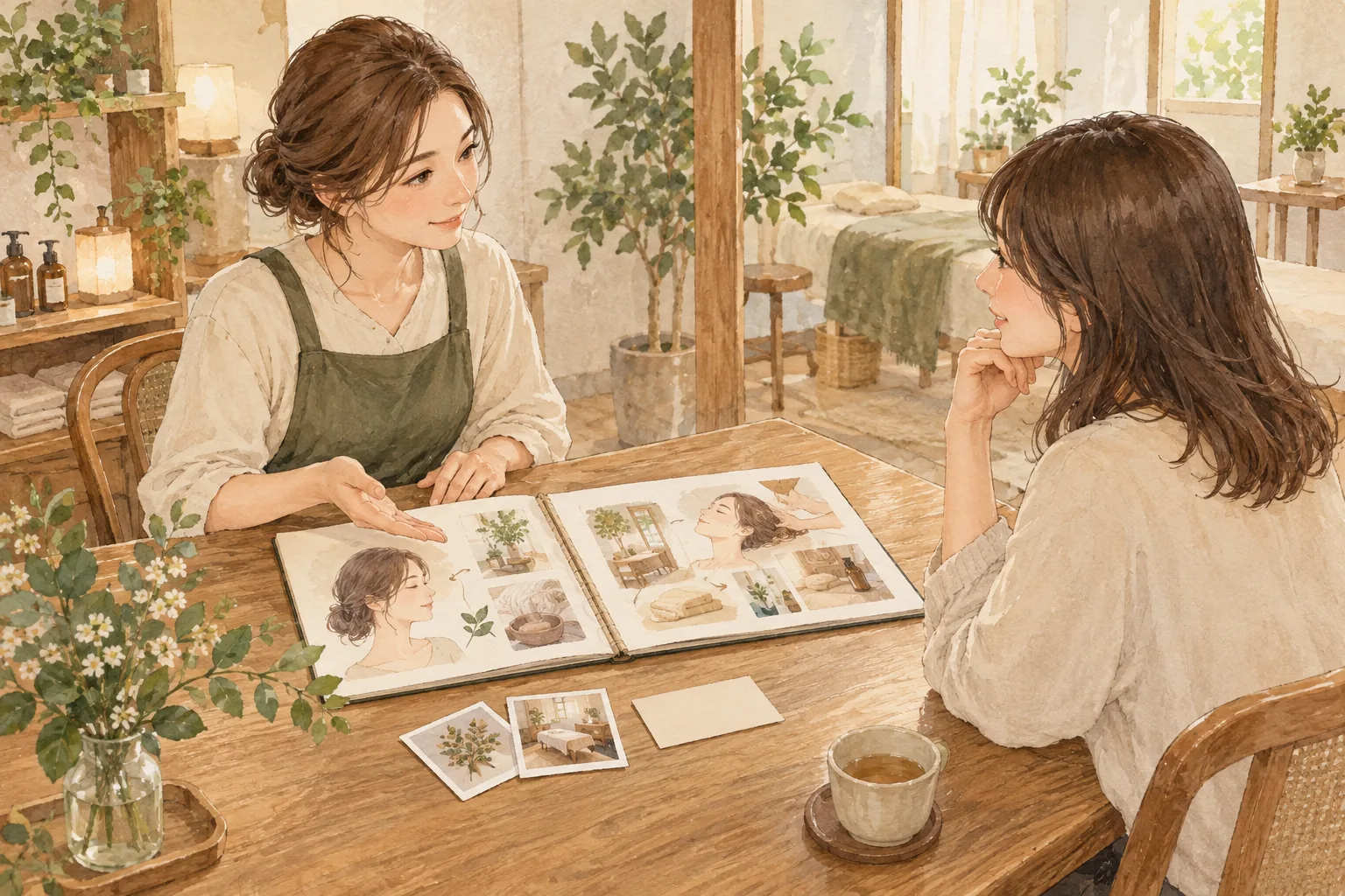 来店前の案内と初回の相談内容を並べる説明用イラスト