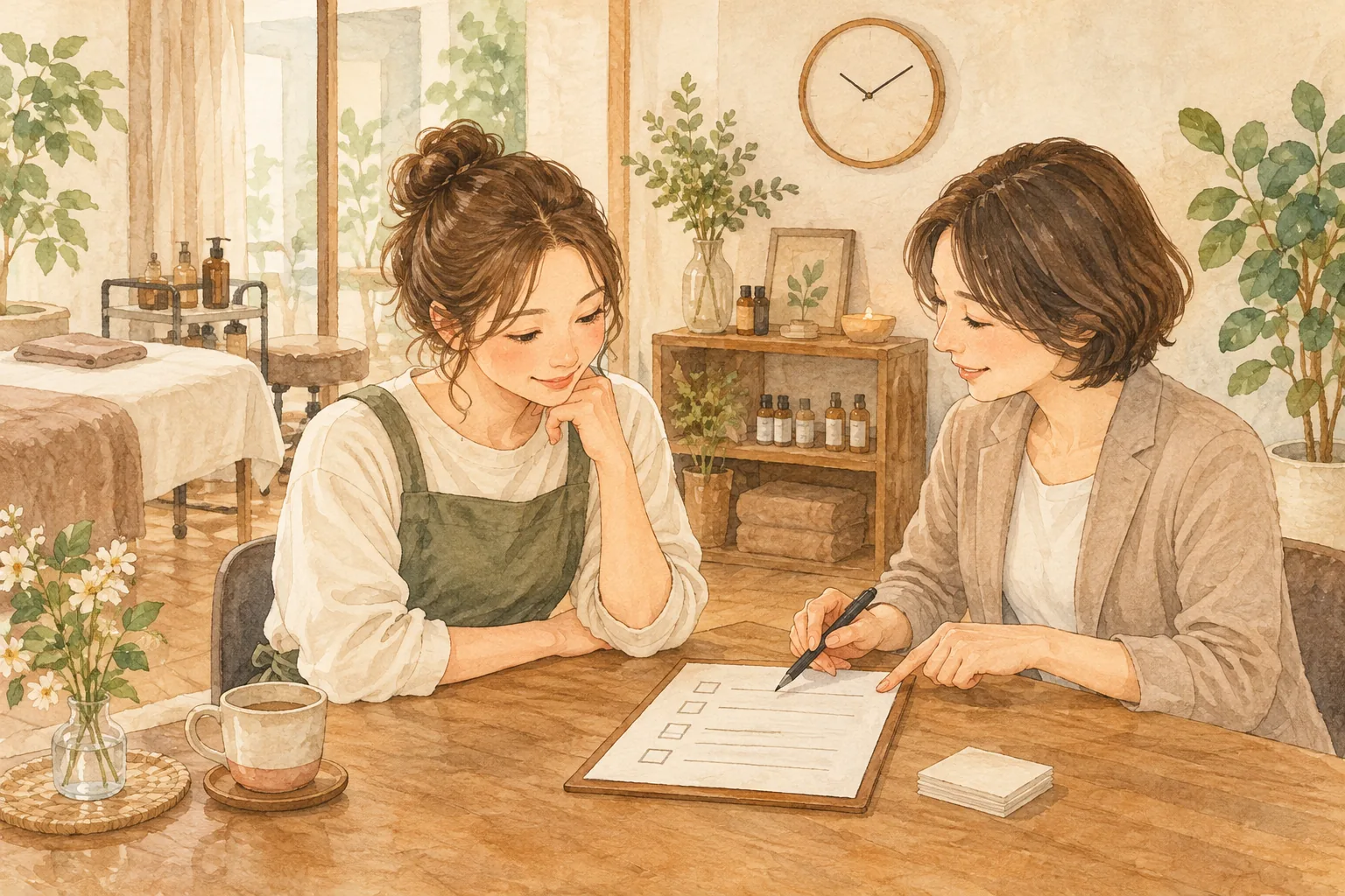 点検した案内を支援者と一緒に整理する説明用イラスト