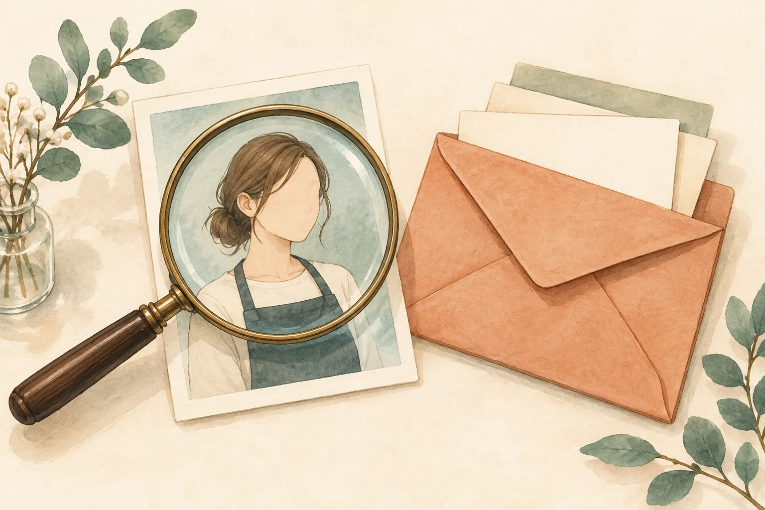 人物紹介カードと確認用の虫眼鏡を描き、私的な情報のカードを封筒に収める説明図