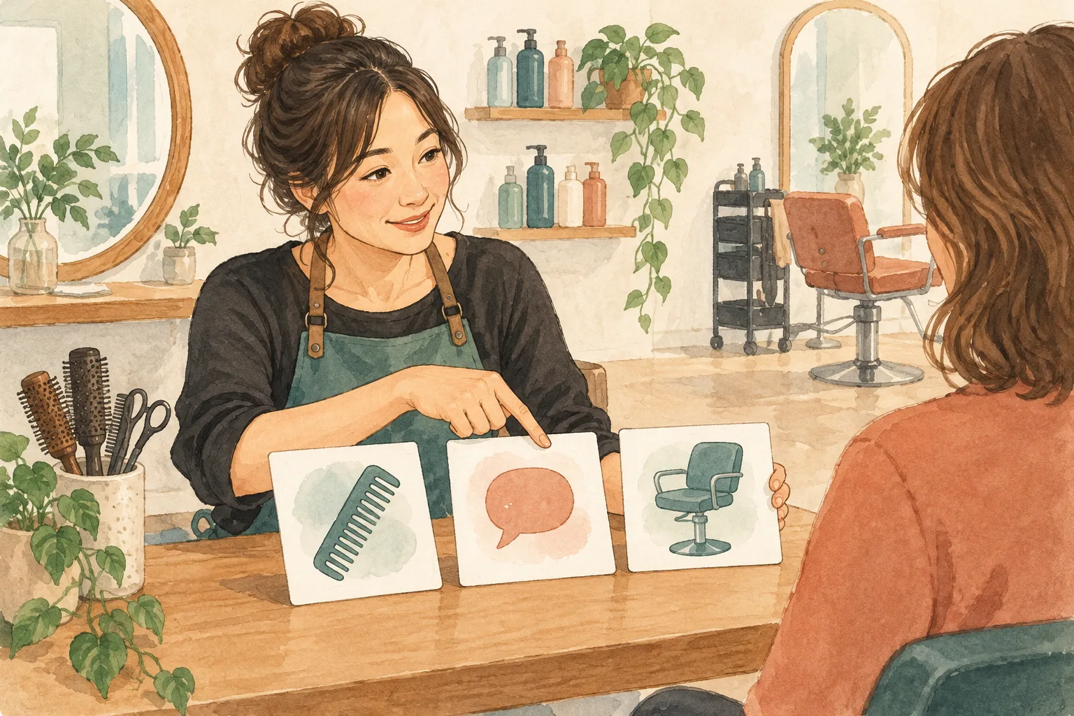 担当者本人と、くし・会話・担当範囲を示すカードを並べて紹介の材料を確認する説明図