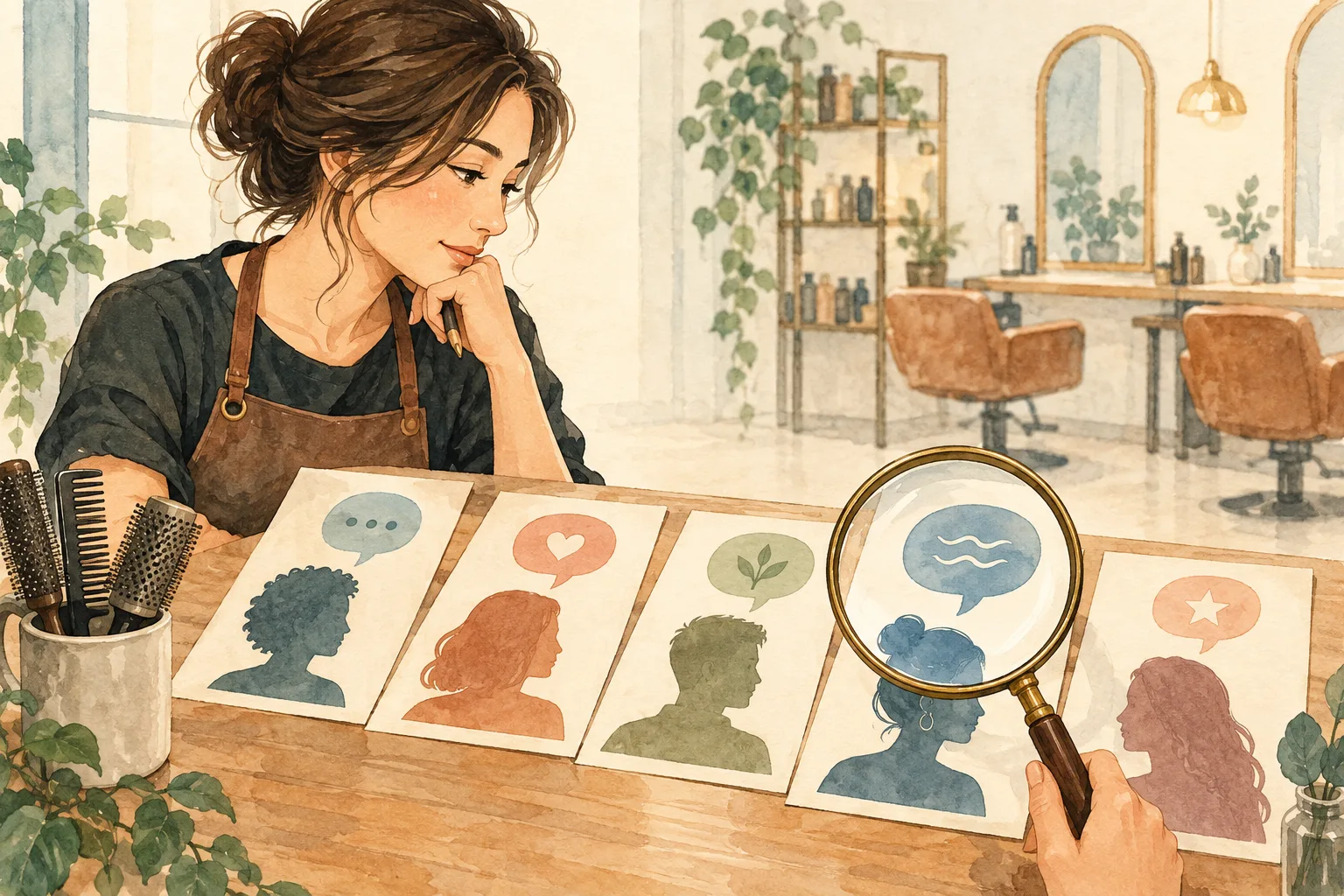 一人の人物像に決めつけず、複数の人の相談内容を虫眼鏡で確かめる説明図